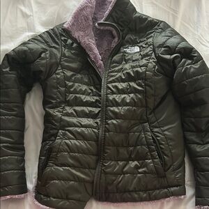 The North Face Green and Purple Puffer Jacket Reversibke
